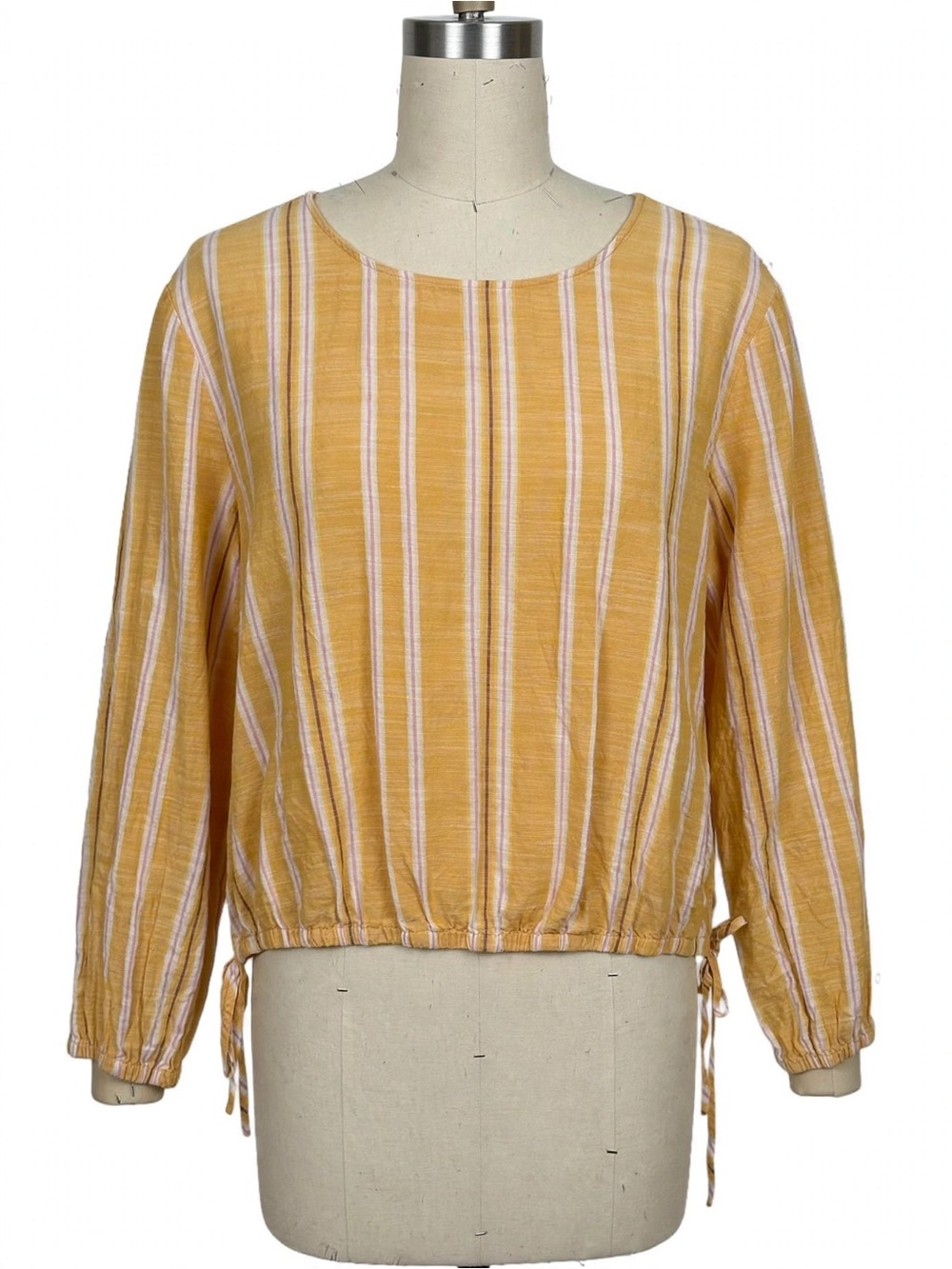 a.n.a Striped Mustard and White Drawstring-Hem Long Sleeve Top
